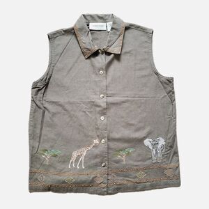 Vintage Lemon Grass Sleeveless Top Embroidered Safari Animals Trees Green Med